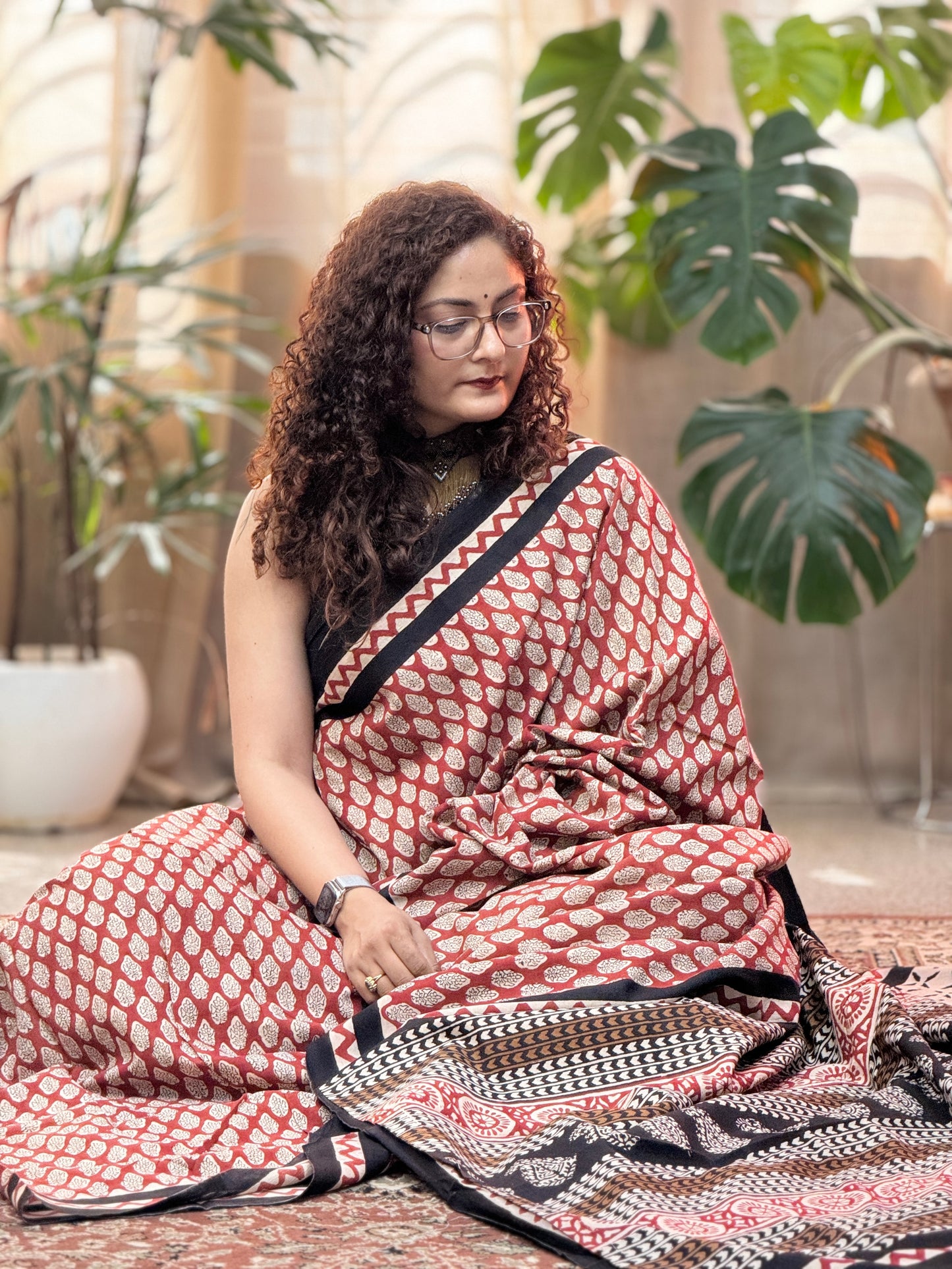 Red handblock Print Cotton Saree