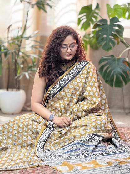 Yellow Handblock Cotton Saree