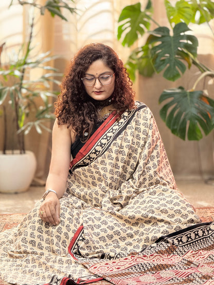 Off White Handprinted Cotton saree