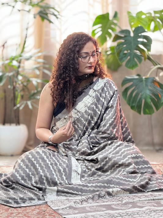 Grey Handblock Printed Cotton Saree