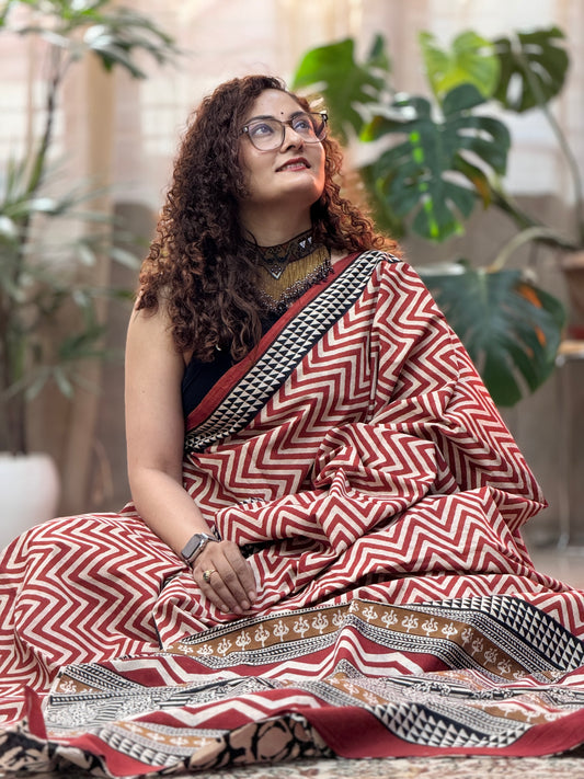 Red Handblock Printed Cotton Saree