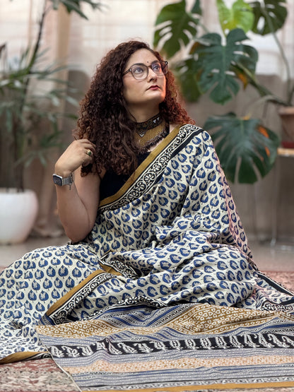 White and Blue Handblock Cotton Saree