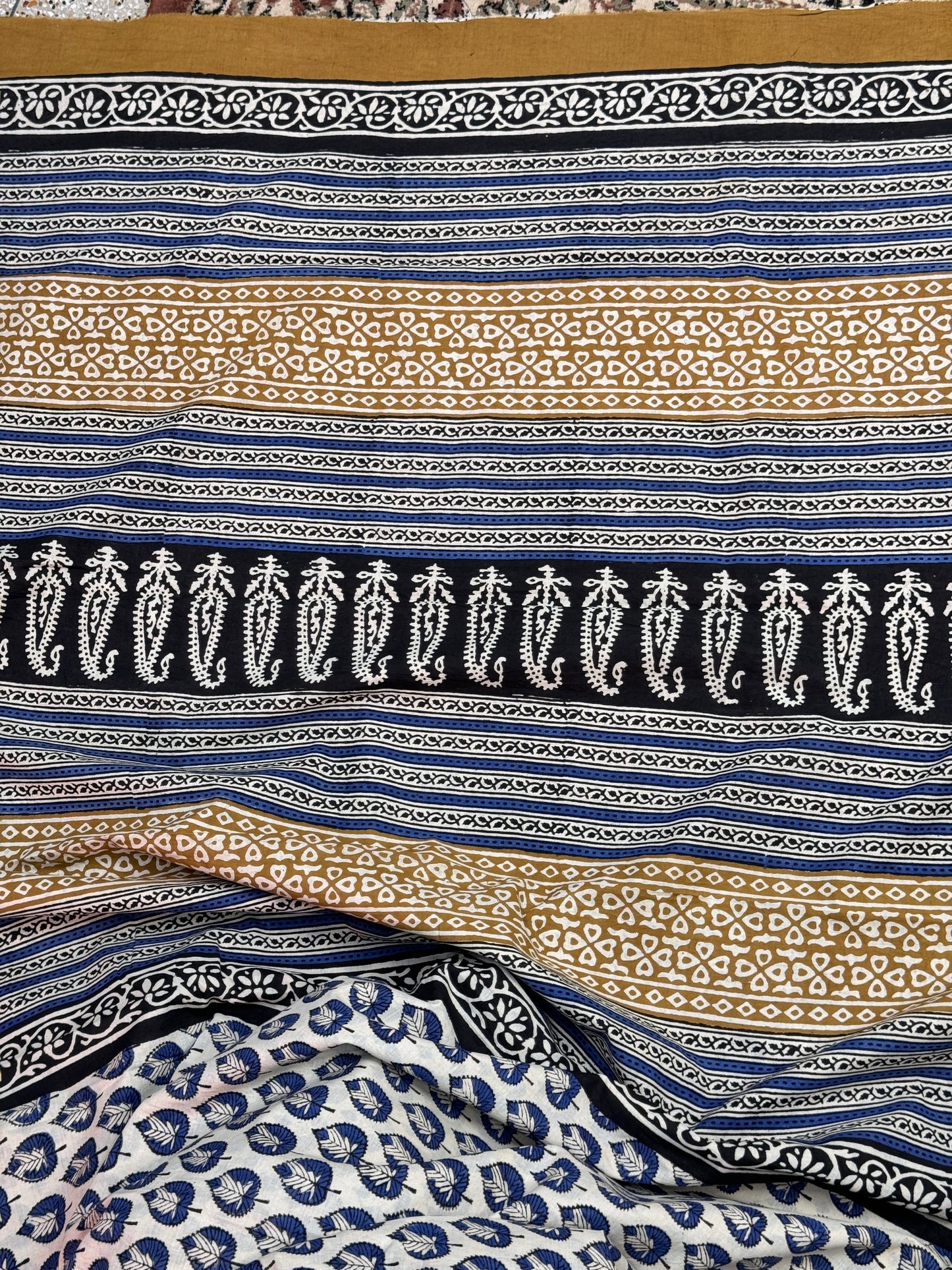 White and Blue Handblock Cotton Saree