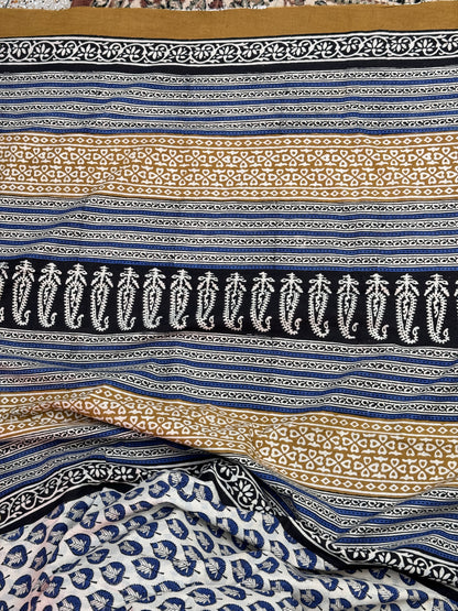 White and Blue Handblock Cotton Saree