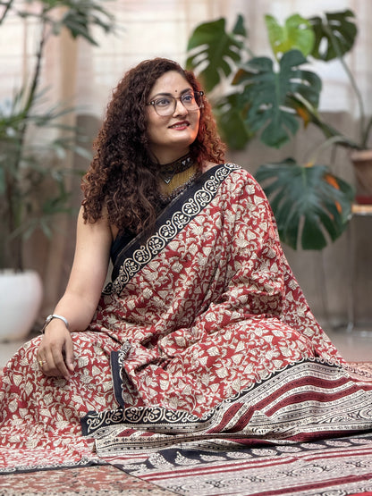 Red handblock Print Cotton saree