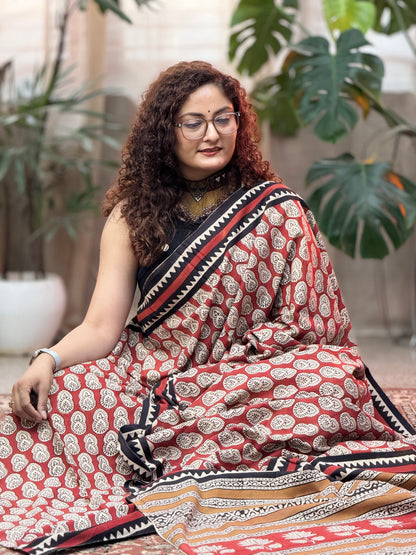 Red Handblock Print Cotton saree