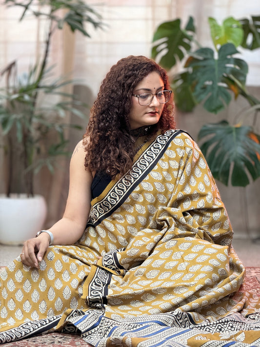 Yellow Handblock Cotton Saree