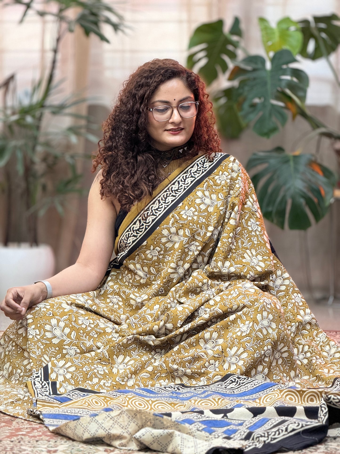 Yellow Handblock Print Cotton saree