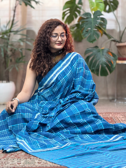 Blue handblock Print Cotton Saree