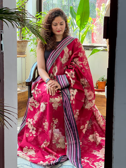 Magenta Printed Silk Cotton Kota Saree