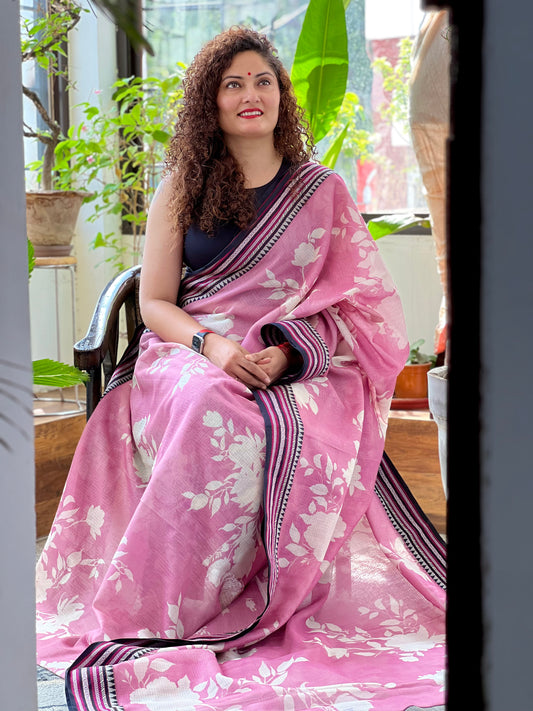 Pink Printed Silk Cotton Kota Saree