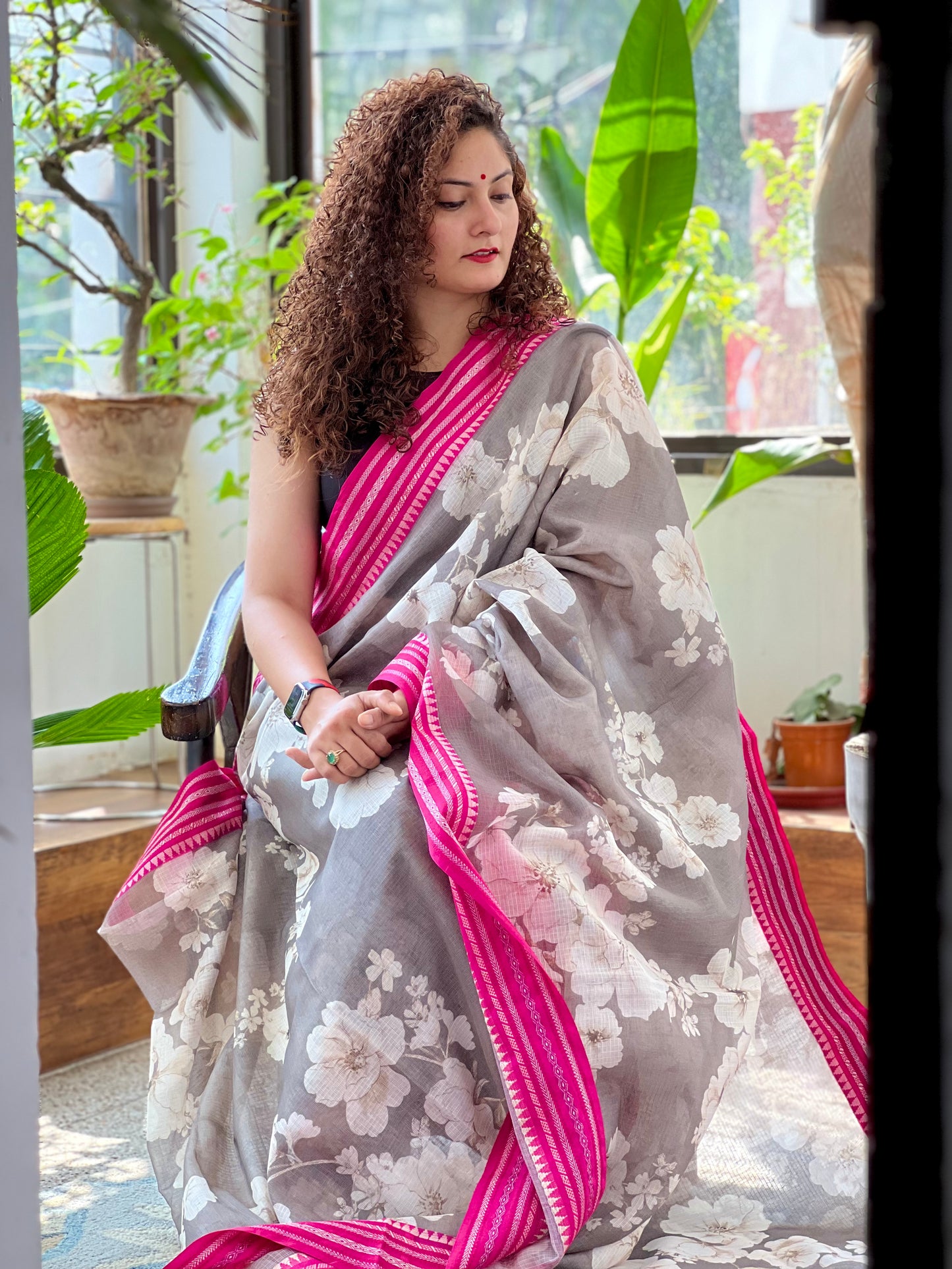 Grey Printed Silk Cotton Kota Saree