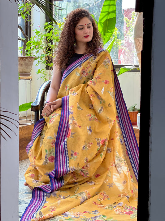 Yellow Printed Silk Cotton Kota saree