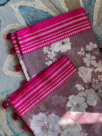 Pink Printed Silk Cotton Kota Saree