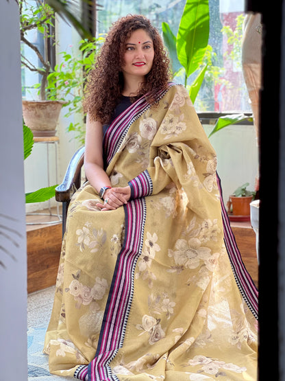 Sand Beige Printed Silk Cotton Saree