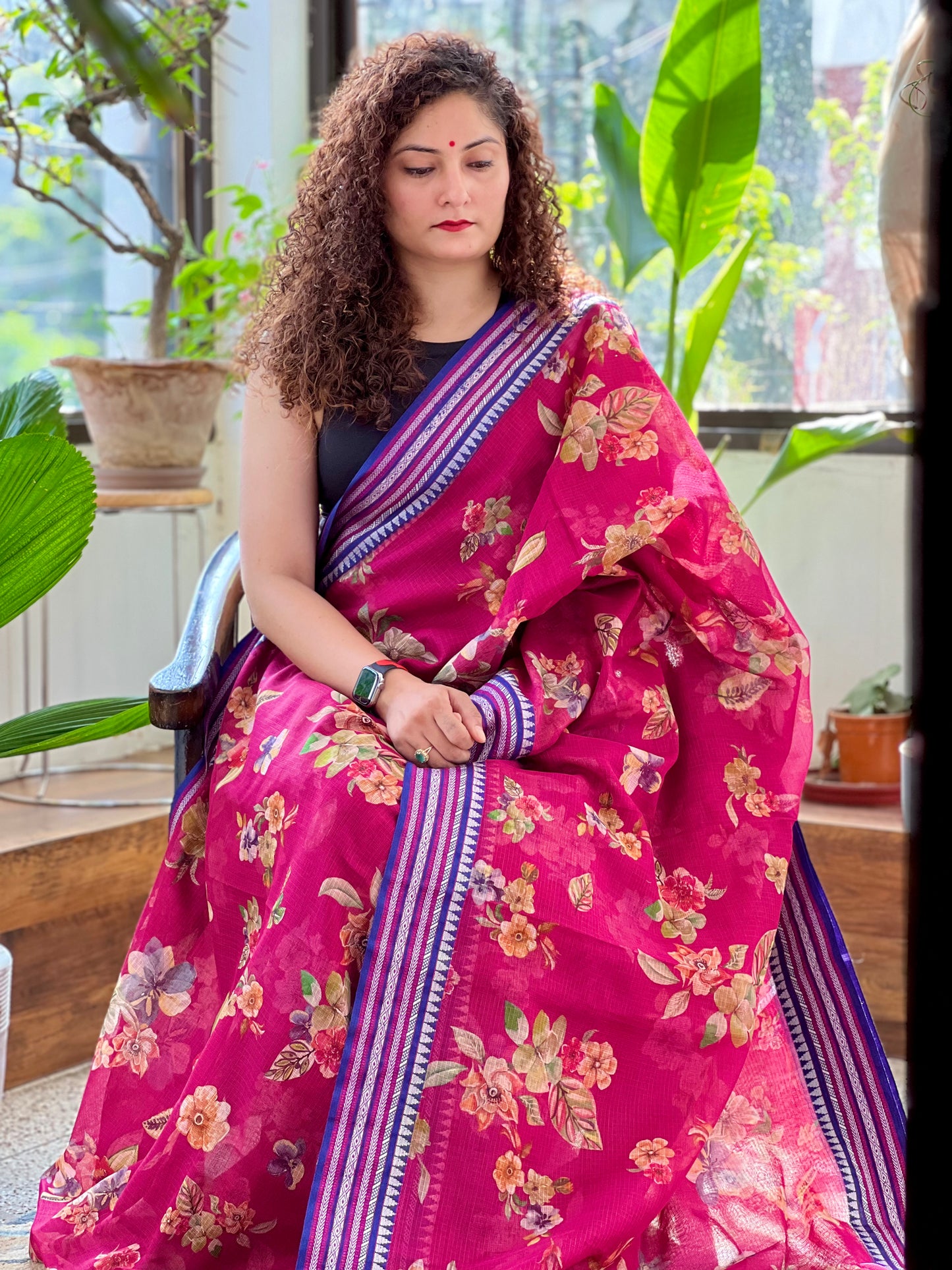 Magenta Printed Silk Cotton Kota Saree