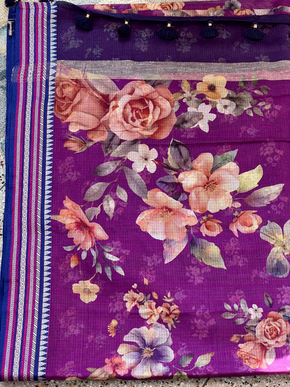 Purple Printed Silk Cotton Kota Saree