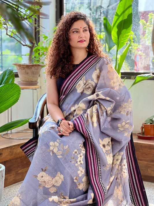 Grey Printed Silk Cotton Kota Saree