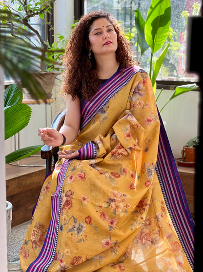 Yellow Printed Silk Cotton Kota Saree