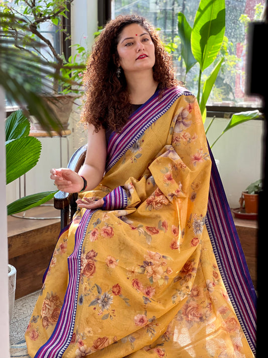 Yellow Printed Silk Cotton Kota Saree