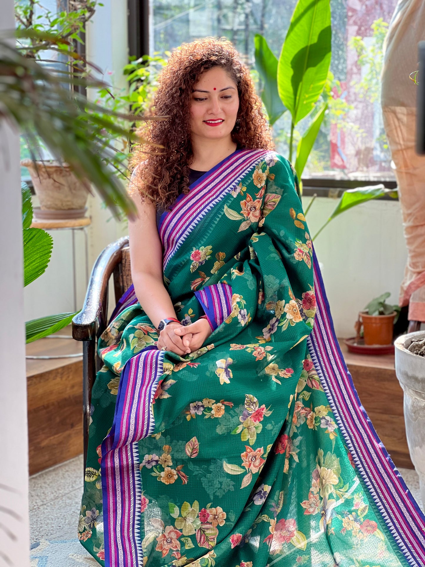 Green Printed Silk Cotton Kota Saree