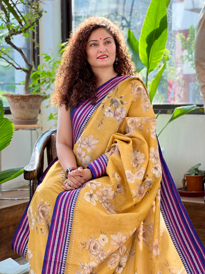 Yellow Printed Silk Cotton Kota Saree