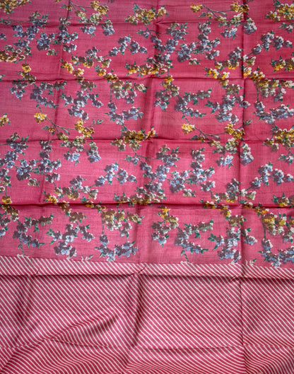 Coral Pink Handblock Printed Tussar Silk Saree