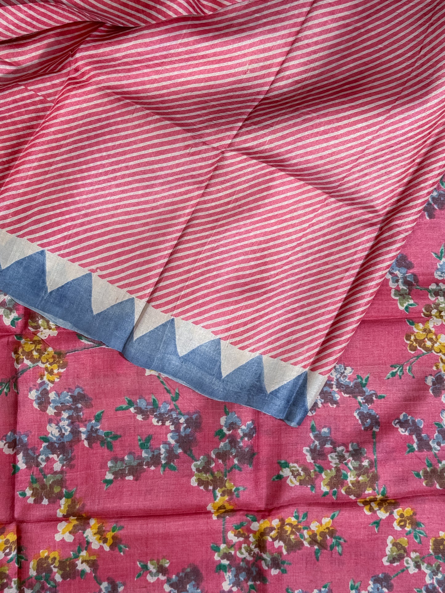 Coral Pink Handblock Printed Tussar Silk Saree