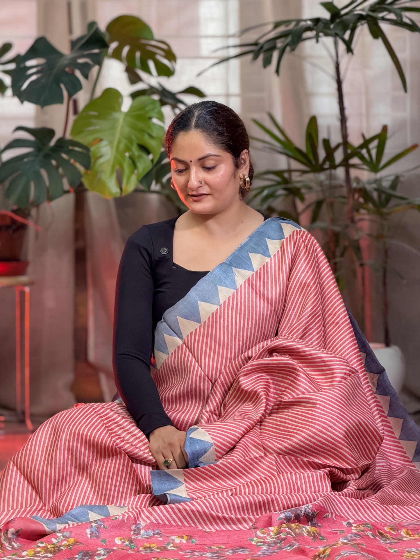 Coral Pink Handblock Printed Tussar Silk Saree