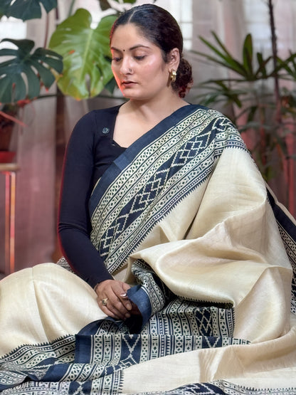 Black Beige Printed Tussar Silk Saree