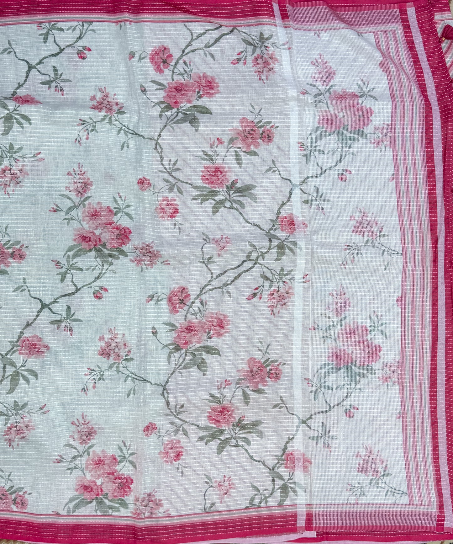 White Pink Printed Linen Saree