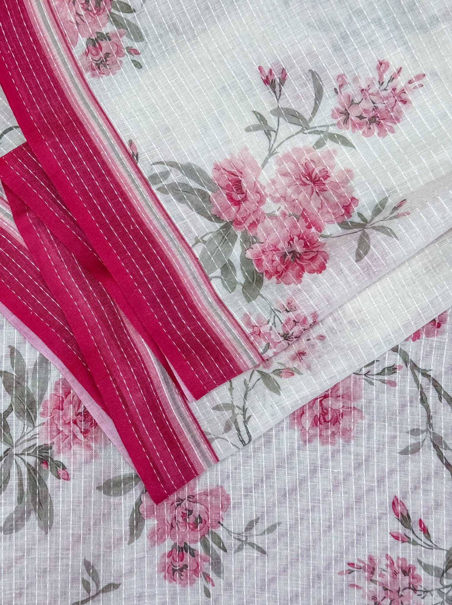 White Pink Printed Linen Saree