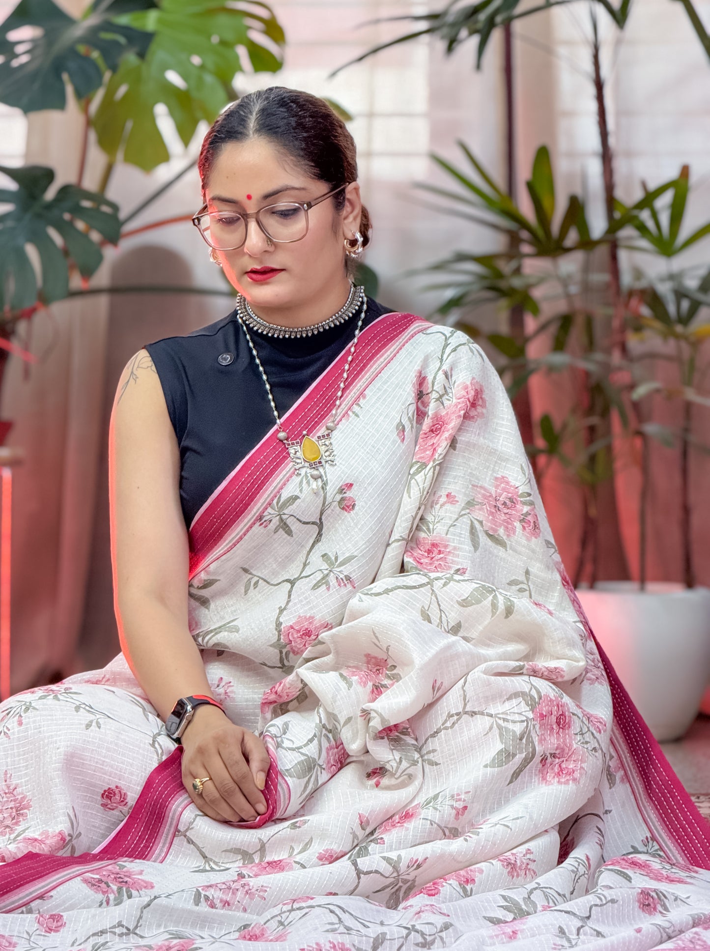 White Pink Printed Linen Saree