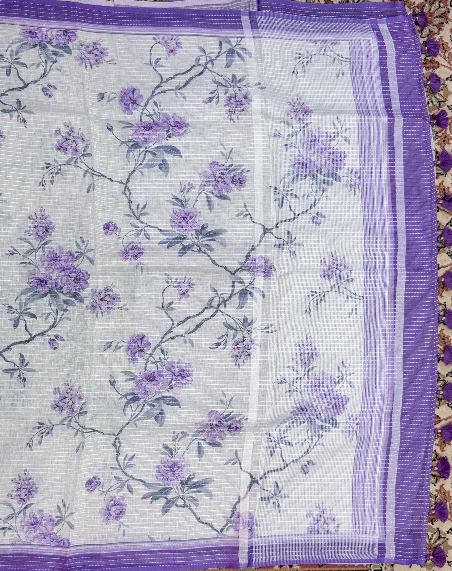 White Purple Printed Linen Saree