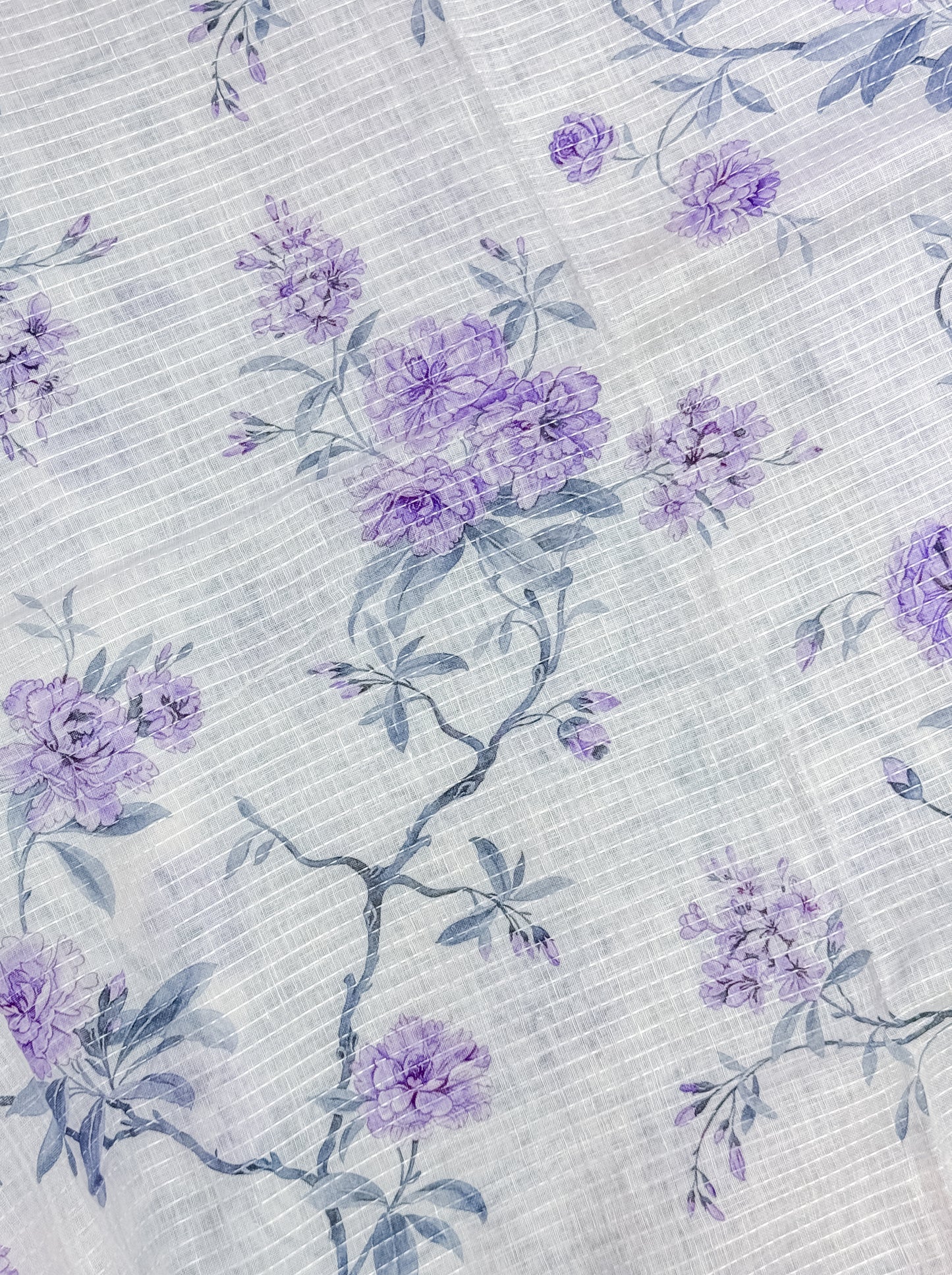 White Purple Printed Linen Saree