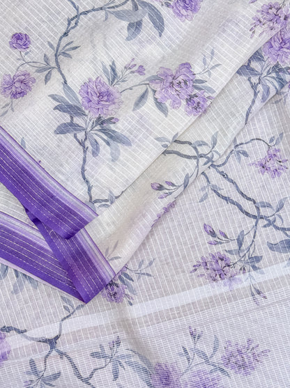 White Purple Printed Linen Saree