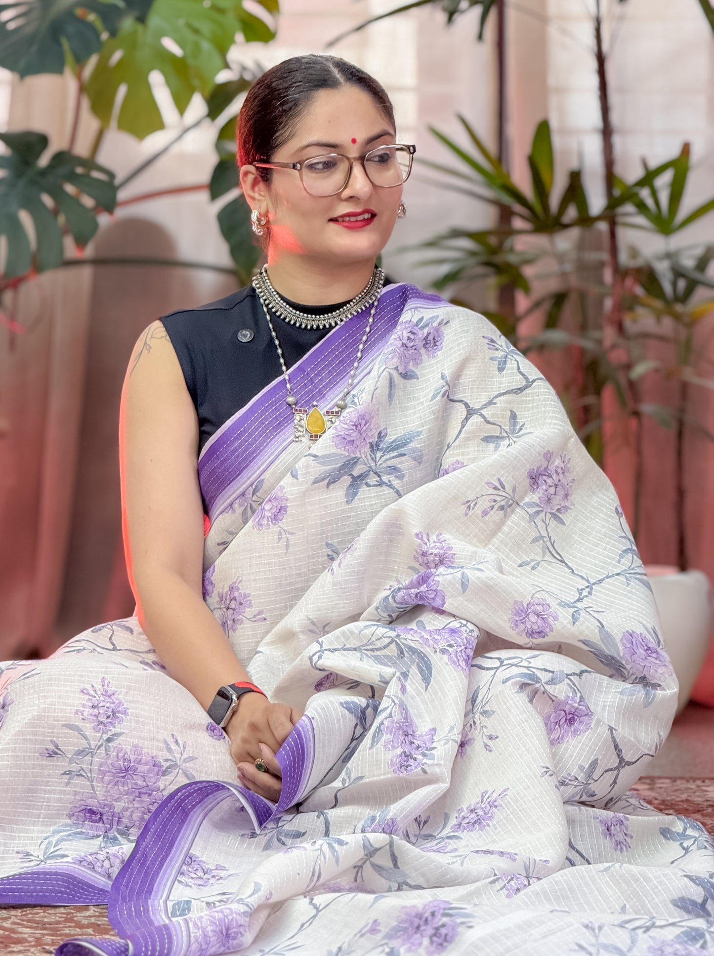 White Purple Printed Linen Saree