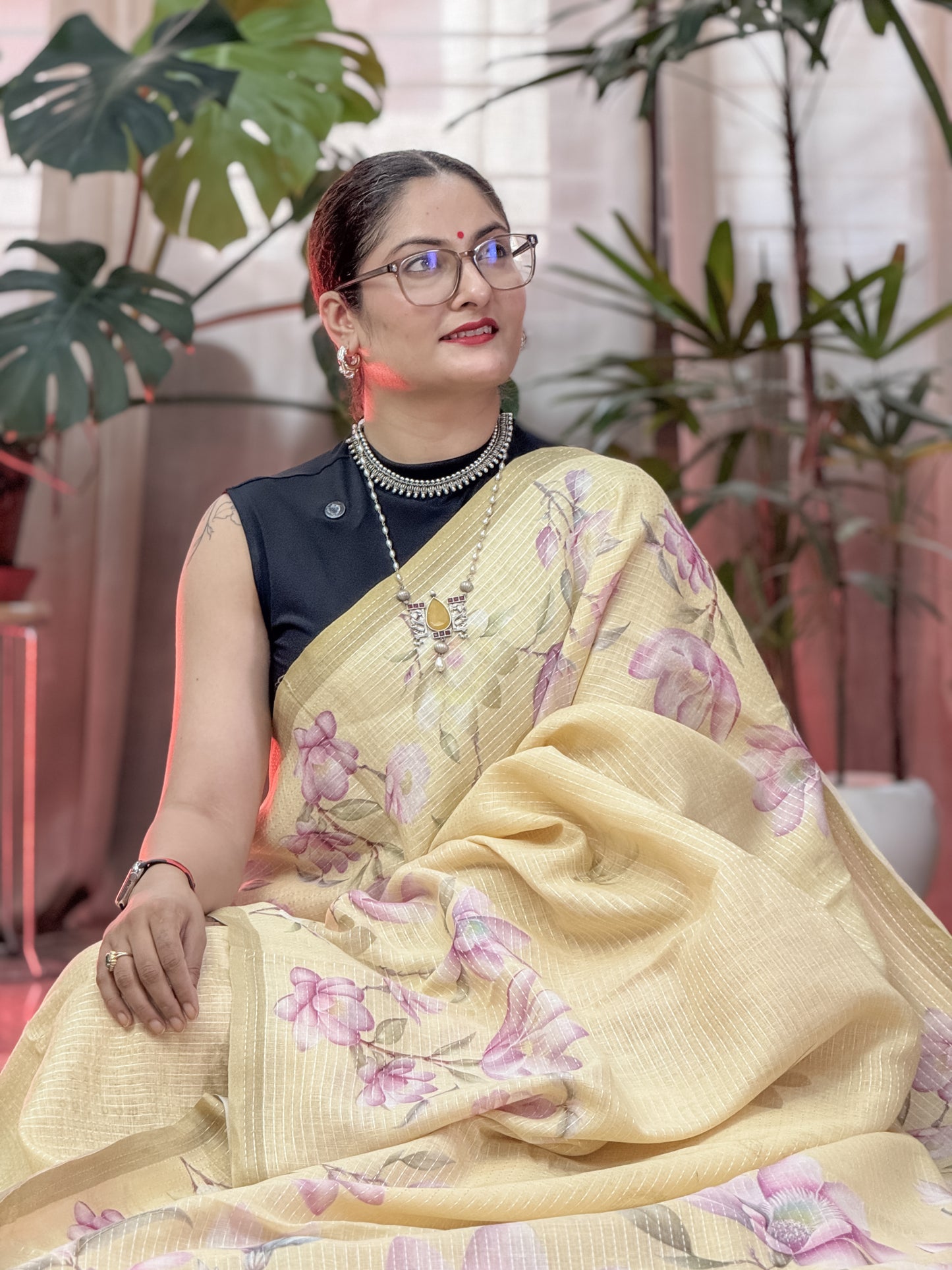 Yellow Printed Linen Saree