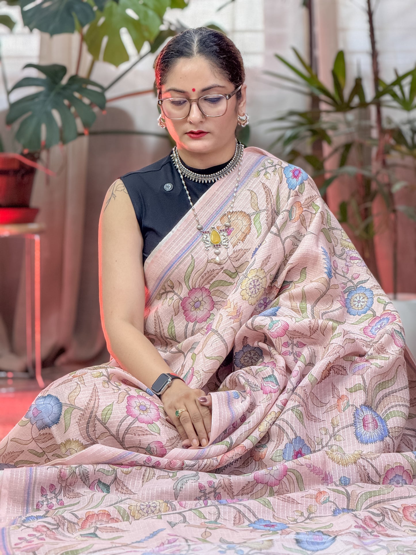 Pink Printed Linen Saree