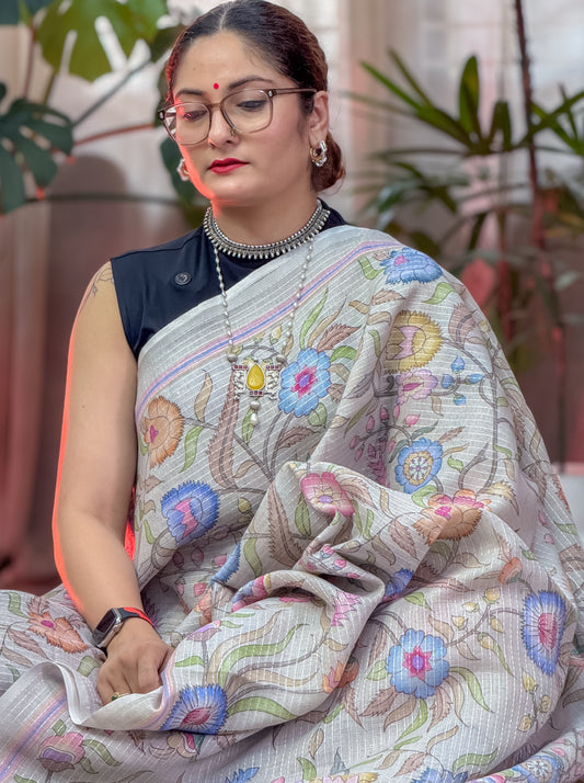 Grey Printed Linen Saree