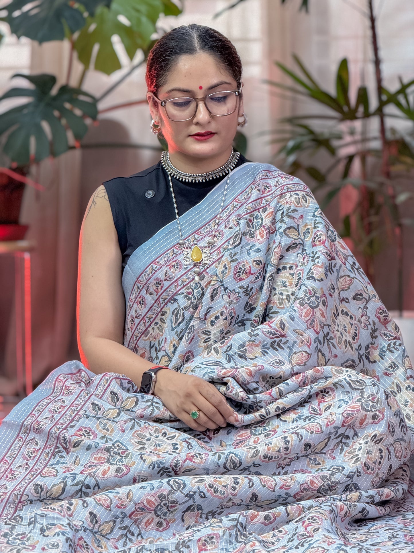 Blue Printed Linen Saree