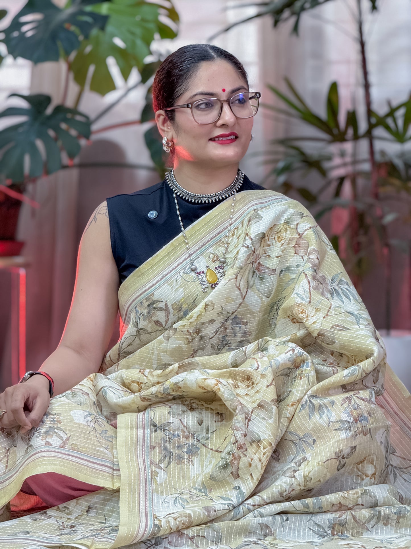 Yellow Printed Linen Saree