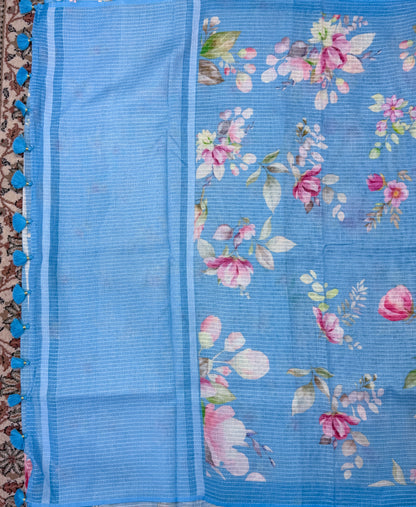 Sky Blue Printed Linen Saree