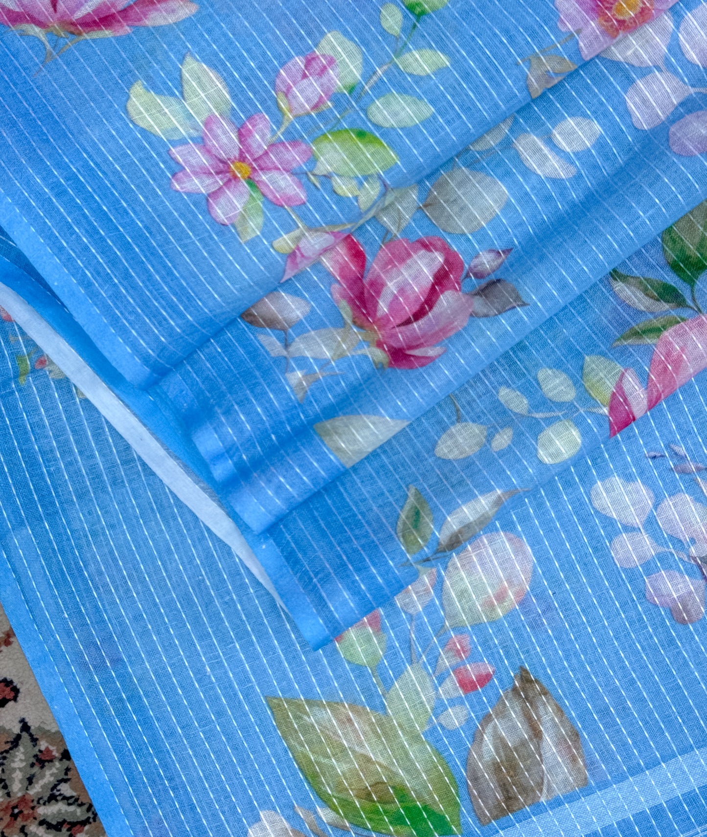 Sky Blue Printed Linen Saree