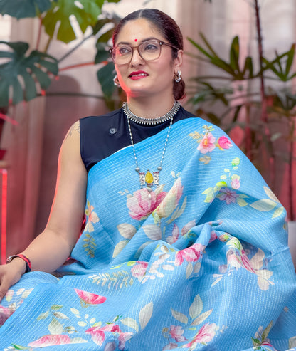 Sky Blue Printed Linen Saree