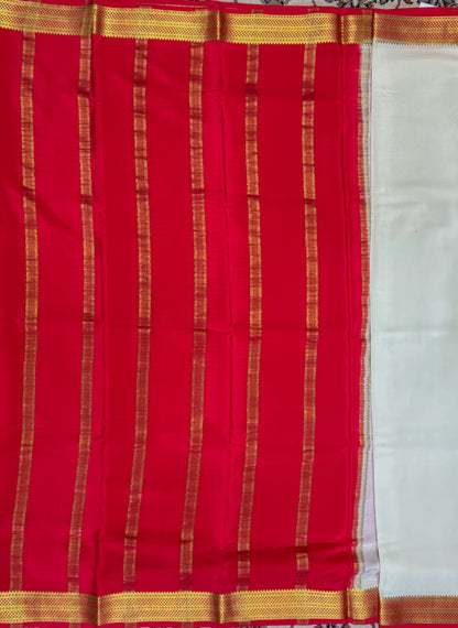 White Red Mysore Crepe Silk Saree