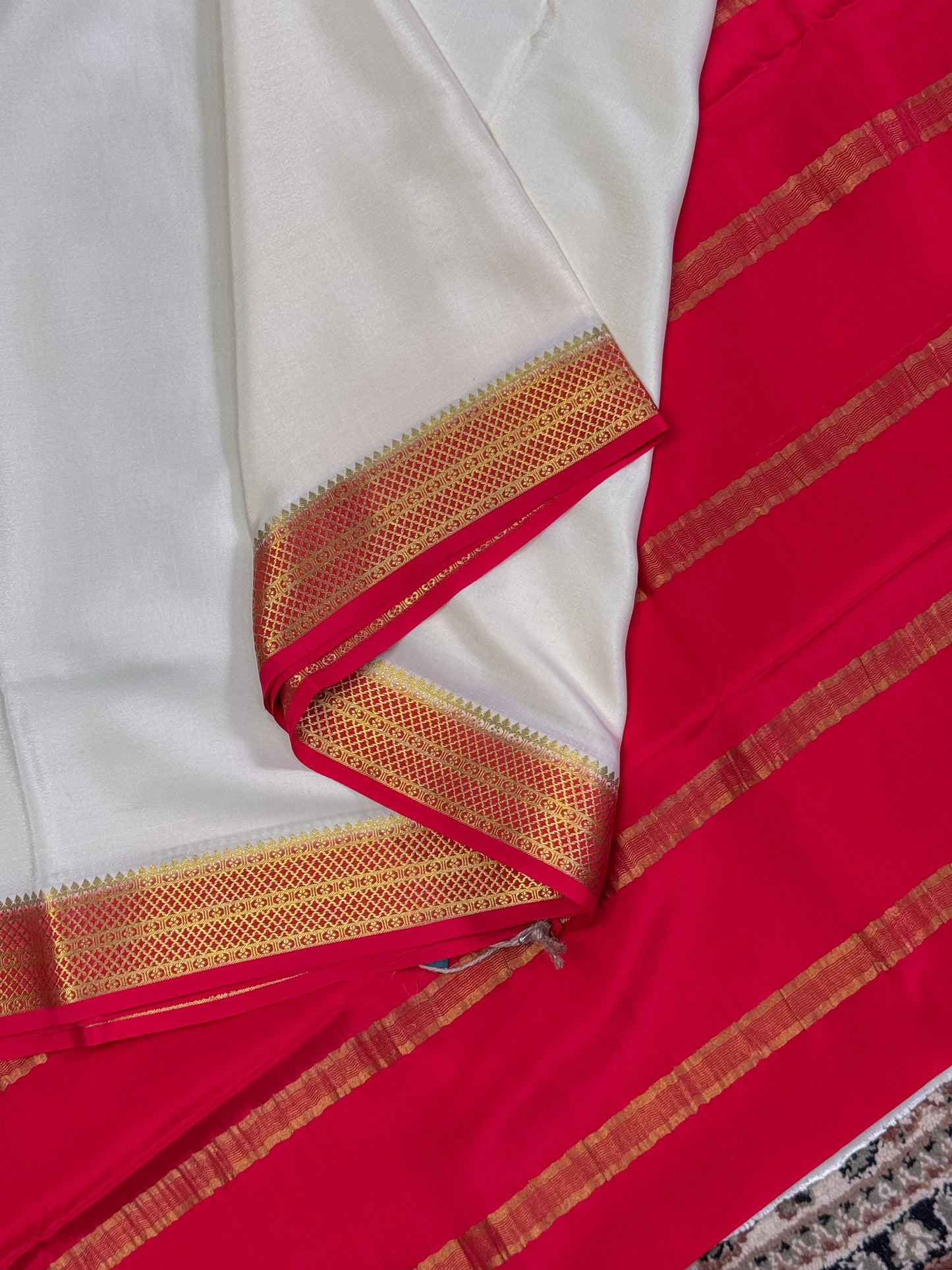 White Red Mysore Crepe Silk Saree