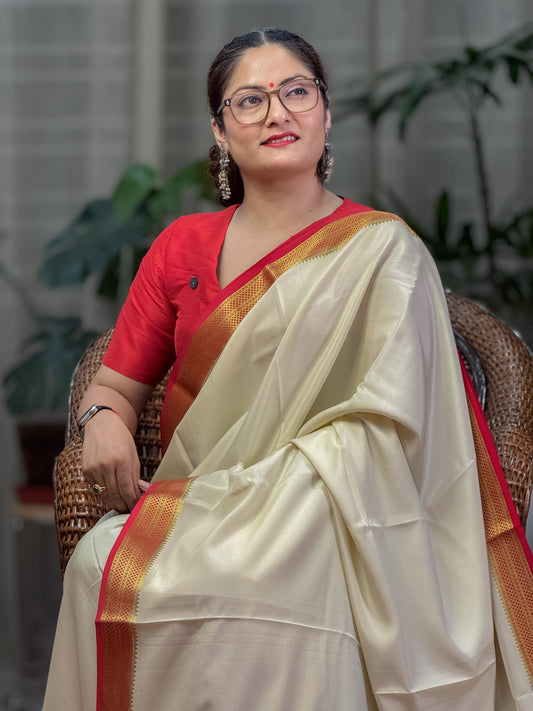 White Red Mysore Crepe Silk Saree