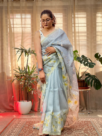 Grey Printed Organza Silk Saree