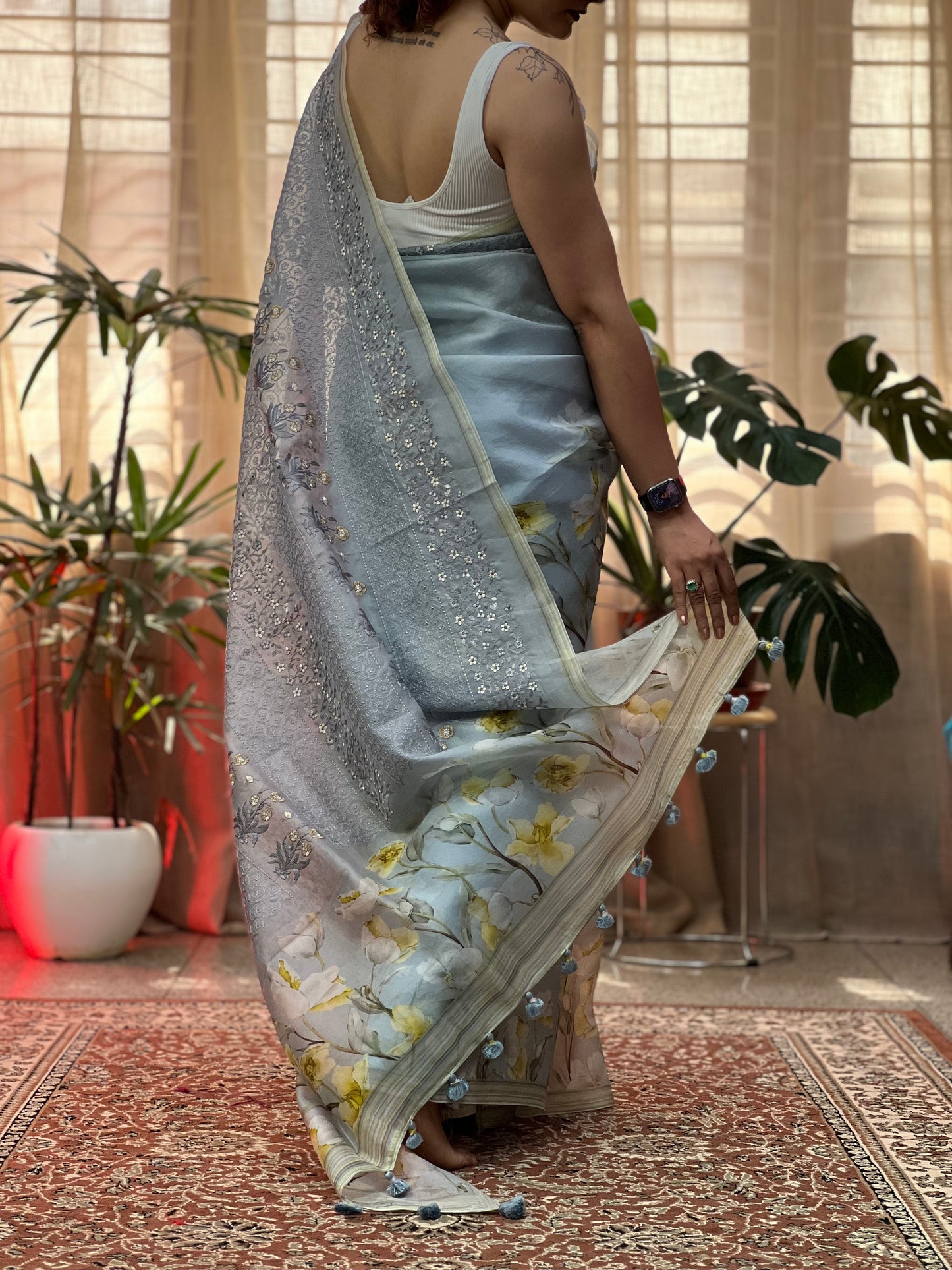 Grey Printed Organza Silk Saree